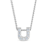Platinum finish sterling silver micropave u initial pendant with simulated diamonds on 18 curb chain