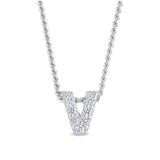 Platinum finish sterling silver micropave v initial pendant with simulated diamonds on 18 curb chain