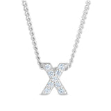 Platinum finish sterling silver micropave x initial pendant with simulated diamonds on 18 curb chain