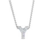 Platinum finish sterling silver micropave y initial pendant with simulated diamonds on 18 curb chain