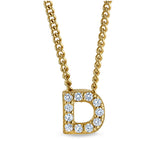 Gold finish sterling silver micropave d initial pendant with simulated diamonds on 18 curb chain