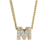 Gold finish sterling silver micropave m initial pendant with simulated diamonds on 18 curb chain