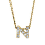 Gold finish sterling silver micropave n initial pendant with simulated diamonds on 18 curb chain