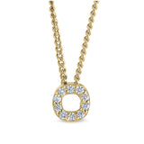 Gold finish sterling silver micropave o initial pendant with simulated diamonds on 18 curb chain