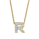 Gold finish sterling silver micropave r initial pendant with simulated diamonds on 18 curb chain