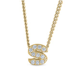 Gold finish sterling silver micropave s initial pendant with simulated diamonds on 18 curb chain