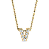 Gold finish sterling silver micropave v initial pendant with simulated diamonds on 18 curb chain