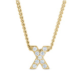 Gold finish sterling silver micropave x initial pendant with simulated diamonds on 18 curb chain