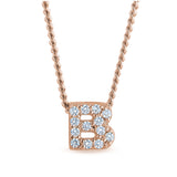 Rose gold finish sterling silver micropave b initial pendant with simulated diamonds on 18 curb chain