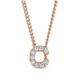 Rose gold finish sterling silver micropave c initial pendant with simulated diamonds on 18 curb chain