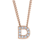 Rose gold finish sterling silver micropave d initial pendant with simulated diamonds on 18 curb chain