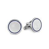 Rhodium Finish Round Cufflinks With Navy Blue Trim