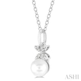 6 MM Round Shape Cultured Pearl and 1/50 Ctw Petite Floral Round Cut Diamond Fashion Pendant With Chain in 10K White Gold