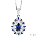 1/4 ctw Floral 6X4 MM Oval & 1.55 MM Round Cut Sapphire and Round Cut Diamond Precious Pendant With Chain in 14K White Gold