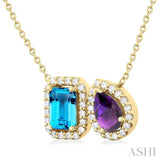 1/4 ctw Toi Et Moi 7X5 MM Emerald Cut Blue Topaz & Pear Cut Amethyst and Round Cut Diamond Necklace in 14K Yellow Gold