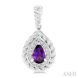 6X4 MM Pear Cut Amethyst and 1/20 Ctw Round Cut Diamond Semi-Precious Earrings in Sterling Silver