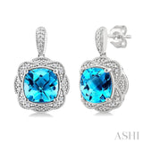 8X8 MM Cushion Shape Blue Topaz and 1/20 Ctw Round Cut Diamond Semi-Precious Earrings in Sterling Silver