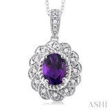 8X6 MM Oval Cut Amethyst and 1/20 Ctw Round Cut Diamond Semi-Precious Pendant With Chain in Sterling Silver