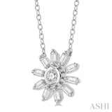 1/6 ctw Petite Wheel Baguette and Round Cut Diamond Fashion Pendant With Chain in 10K White Gold