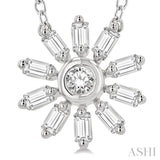 1/6 ctw Petite Wheel Baguette and Round Cut Diamond Fashion Pendant With Chain in 10K White Gold