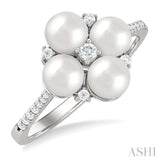 1/6 ctw Floral 5x5 MM Cultured Pearls and Round Cut Diamond Fashion Ring in 10K White Gold