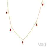 1/4 ctw Round Cut Diamonds and 5X3MM Pear Shape Ruby Precious Station Necklace in 14K Yellow Gold