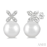 1/20 ctw Petite 4-Petal Flower 5.5 MM Cultured Pearls and Round Cut Diamond Fashion Stud Earring in 10K White Gold