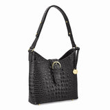 Luxury Giftware by Jere Top Grain Leather Croc Texture Black Zip-Top Handbag with Adjustable Strap, 2 Zip Pockets, 2 Slip Pockets, Key Fob Holder