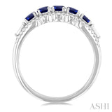 3.1MM Round Sapphire and 1/4 ctw Baguette and Single Cut Diamond 5-Stone Precious Ring in 14K White Gold