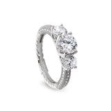 Platinum Finish Sterling Silver Micropave Three Stone Ring with 50 Simulated Diamonds