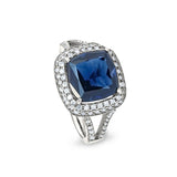 Platinum Finish Sterling Silver Micropave Emerald Cut Ring with Synthetic Blue Sapphire