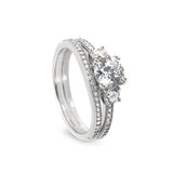 Platinum Finish Sterling Silver Micropave Three Stone Wedding Ring Set