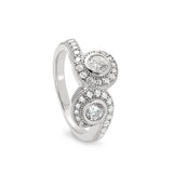 Platinum Finish Sterling Silver Micropave Swirl Two Stone Ring  Two 120 Facet Simulated Daimonds