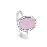 Platinum Finish Sterling Silver Micropave Facet Cut Rose Quartz Ring with Simulated Diamonds