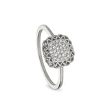 Platinum Finish Sterling Silver Micropave Pillow with Filigree Edge Ring with Simulated Diamonds