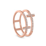 Rose Gold Finish Sterling Silver Micropave Double Cross Ring with Simulated Diamonds