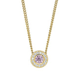 Gold micropave round simulated pink sapphire birth gem pendant with simulated diamonds on 18 curb chain