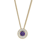 Gold micropave round simulated amethyst birth gem pendant with simulated diamonds on 18 curb chain
