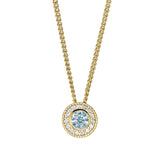 Gold micropave round simulated aquamarine birth gem pendant with simulated diamonds on 18 curb chain
