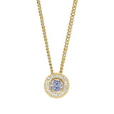 Gold micropave round simulated light amethyst birth gem pendant with simulated diamonds on 18 curb chain