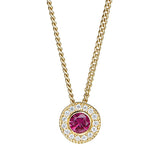 Gold micropave round simulated ruby birth gem pendant with simulated diamonds on 18 curb chain