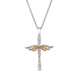 Platinum finish sterling silver micropave angel wings cross with simulated citrine & diamonds on 16 - 18 adjustable chain