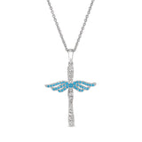 Platinum finish sterling silver micropave angel wings cross with simulated blue topaz & diamonds on 16 - 18 adjustable chain
