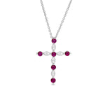 Platinum finish sterling silver cross pendant with simmulated rubies and simulated diamonds on 16 - 18 adjustable chain