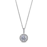 Platinum finish sterling silver micropave round halo pendant with simulated diamonds on 16 - 18 adjustable chain