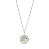 gold vermeil finish sterling silver micropave two tone flower pendant with simulated diamonds on 18' cable chain