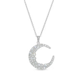 Platinum finish sterling silver micropave crescent moon pendant with simulated diamonds on 18 cable chain