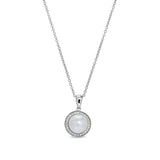 Platinum finish sterling silver micropave round cabochon pearl pendant with simulated diamonds on 16- 18 adjustable cable