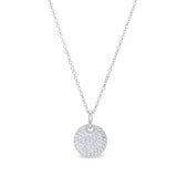 Platinum finish sterling silver micropave round pendant with simulated diamonds on 18 cable chain