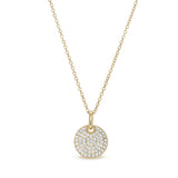 Gold vermeil and gold vermeil finish sterling silver micropave round pendant with simulated diamonds on 18 cable chain